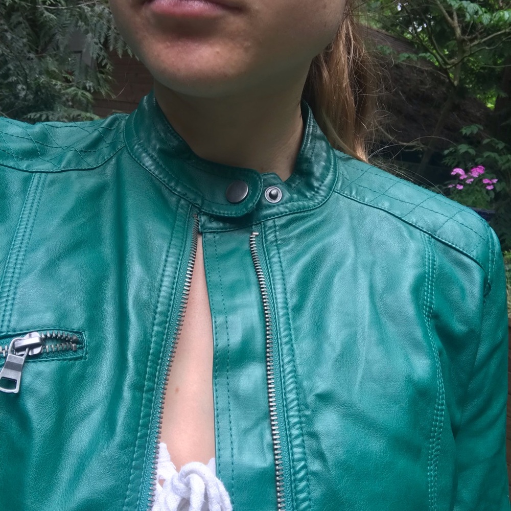 Green faux-leather moto jacket